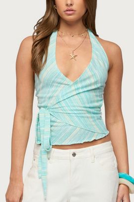 Edikted Edikted Aquarelle Striped Wrap Halter Top in Aqua, Women's at Urban Outfitters