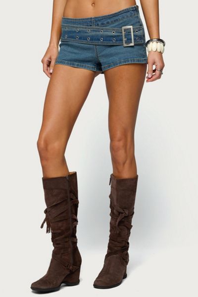 Edikted Edikted Asymmetric Belt Denim Micro Shorts in Blue, Women's at Urban Outfitters