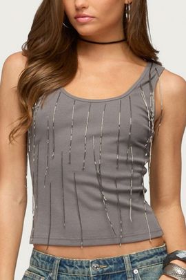 Edikted Edikted Beaded Fringe Ribbed Tank Top in Dark/Gray, Women's at Urban Outfitters