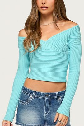 Edikted Edikted Bealey Off Shoulder Ribbed Wrap Sweater in Turquoise, Women's at Urban Outfitters