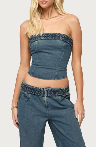 EDIKTED EDIKTED Braidey Strapless Lace-Up Denim Crop Top