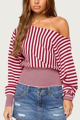 Edikted Edikted Brida Striped Off Shoulder Sweater in Burgundy/And/Pink, Women's at Urban Outfitters