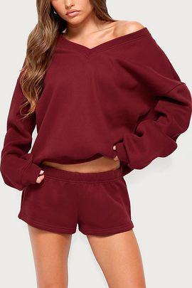 Edikted Edikted Bronte V Neck Sweatshirt in Burgundy, Women's at Urban Outfitters