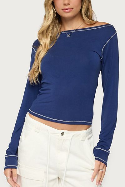 Edikted Edikted Brooklynn Boat Neck Long Sleeve Top in Navy, Women's at Urban Outfitters