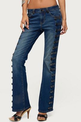 Edikted Edikted Button Loop Low Rise Bootcut Jeans in Blue/Washed, Women's at Urban Outfitters
