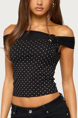 Edikted Edikted Eela Off Shoulder Polka Dot Top in Black, Women's at Urban Outfitters