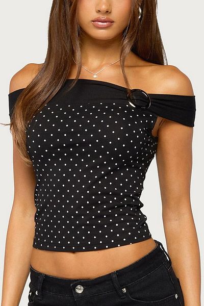 Edikted Edikted Eela Off Shoulder Polka Dot Top in Black, Women's at Urban Outfitters