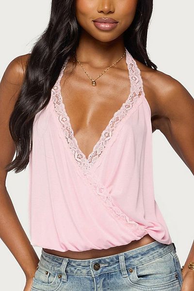 Edikted Edikted Eilen Lacey Wrap Halter Top in Pink, Women's at Urban Outfitters
