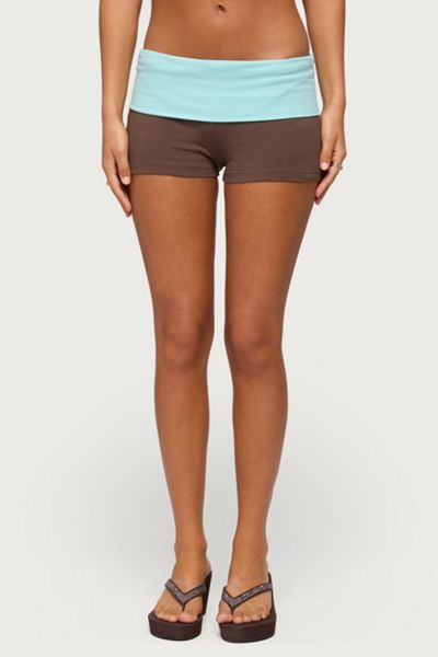 Edikted Edikted Emmey Contrast Foldover Shorts in Brown/And/Aqua, Women's at Urban Outfitters