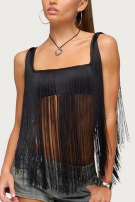 Edikted Edikted Eranthe Fringed Crop Top in Black, Women's at Urban Outfitters