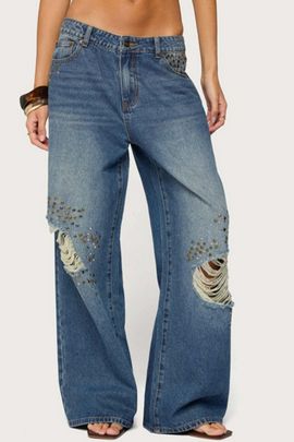 Edikted Edikted Eunia Studded Low Rise Baggy Jeans in Blue/Washed, Women's at Urban Outfitters