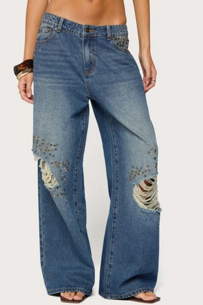 Edikted Edikted Eunia Studded Low Rise Baggy Jeans in Blue/Washed, Women's at Urban Outfitters
