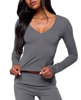 Edikted Edikted Ferne Long Sleeve V Neck Top