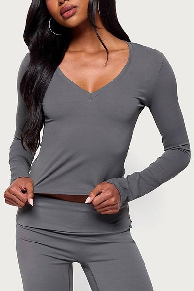 Edikted Edikted Ferne Long Sleeve V Neck Top in Charcoal, Women's at Urban Outfitters