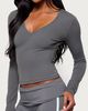 Edikted Edikted Ferne Long Sleeve V Neck Top in Charcoal, Women's at Urban Outfitters - 3