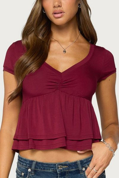 Edikted Edikted Fontene Layered Babydoll Top in Burgundy, Women's at Urban Outfitters