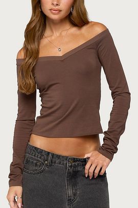 Edikted Edikted Geary Off Shoulder Top in Brown, Women's at Urban Outfitters