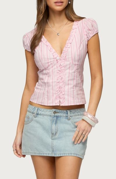 EDIKTED EDIKTED Georgia Ruffle Stripe Cotton Button-Up Shirt