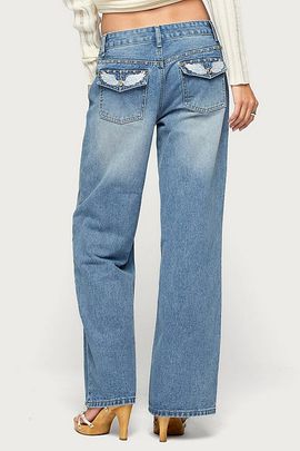 Edikted Edikted Haela Studded Angel Low Rise Baggy Jeans in Light/Blue/Washed, Women's at Urban Outfitters