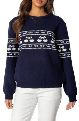 EDIKTED EDIKTED Holiday Cheer Hearts & Bows Fair Isle Crewneck Sweater