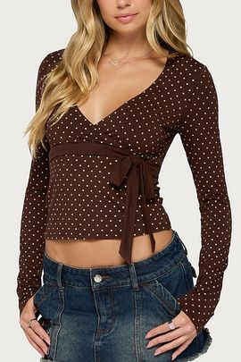 Edikted Edikted Ilen Polka Dot Wrap Top in Brown, Women's at Urban Outfitters
