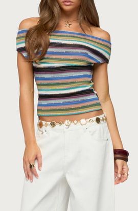 EDIKTED EDIKTED Irenea Striped Off the Shoulder Knit Top