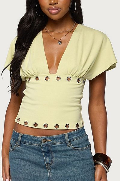 Edikted Edikted Isi Grommet Flutter Plunge Neck Top in Green, Women's at Urban Outfitters