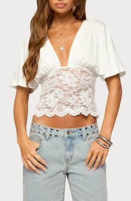 EDIKTED EDIKTED Jaeda Lace Panel Plunging Flutter Sleeved Top