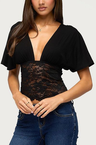 Edikted Edikted Jaeda Lacey Flutter Plunging Top in Black, Women's at Urban Outfitters