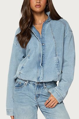 Edikted Edikted Jaysi High Neck Denim Bomber Jacket in Blue/Washed, Women's at Urban Outfitters