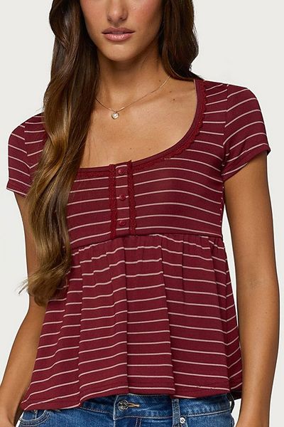Edikted Edikted Jina Lacey Striped Babydoll Henley Top in Burgundy, Women's at Urban Outfitters