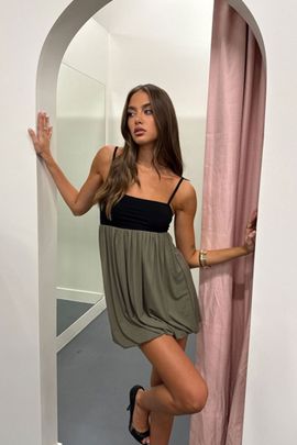 Edikted Edikted Jonna Contrast Bubble Mini Dress in Black/And/Olive, Women's at Urban Outfitters