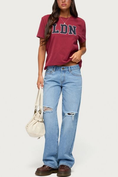 Edikted Edikted Juju Distressed Low Rise Baggy Jeans in Blue/Washed, Women's at Urban Outfitters