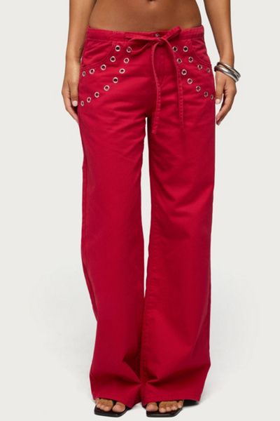 Edikted Edikted Kala Grommet Low Rise Baggy Jeans in Burgundy, Women's at Urban Outfitters