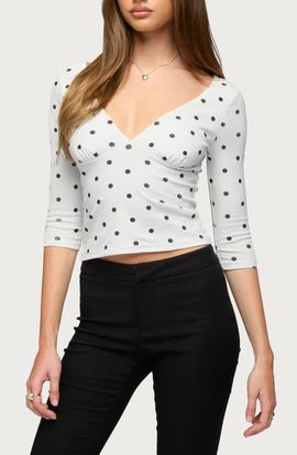EDIKTED EDIKTED Katey V-Neck Polka Dot Stretch Cotton Top