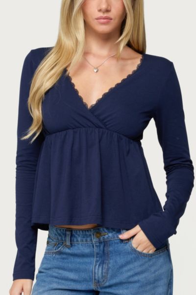 Edikted - Kenzie Long Sleeve Babydoll Top in Navy, Women's at