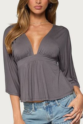 Edikted Edikted Kleoh V Neck Babydoll Top in Dark/Gray, Women's at Urban Outfitters