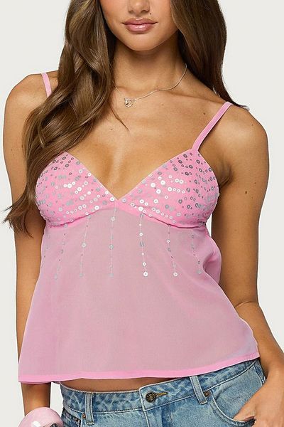 Edikted Edikted Klio Sequin Chiffon Babydoll Top in Light/Pink, Women's at Urban Outfitters