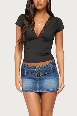 Edikted Edikted Laela Grommet Belt Denim Mini Skort in Dark/Blue, Women's at Urban Outfitters