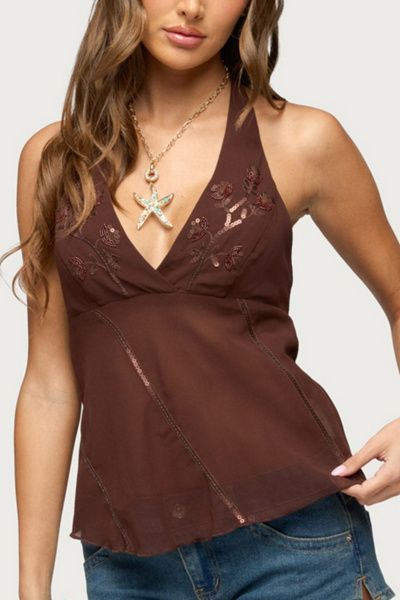 Edikted Edikted Lani Sequin Bead Chiffon Halter Top in Brown, Women's at Urban Outfitters