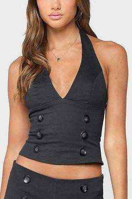 Edikted Edikted Leala Button Halter Top in Dark/Gray, Women's at Urban Outfitters