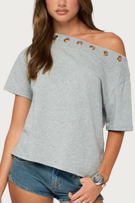 Edikted Edikted Leslee Grommet Off Shoulder T Shirt Top in Gray/Melange, Women's at Urban Outfitters