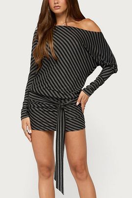 Edikted Edikted Maely Off Shoulder Striped Mini Dress in Black/And/Gray, Women's at Urban Outfitters