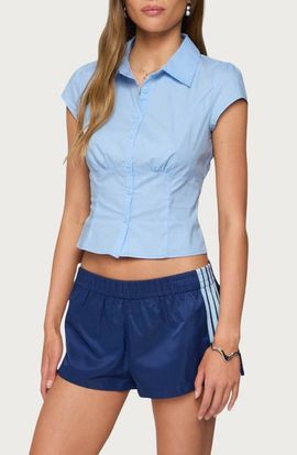 EDIKTED EDIKTED Massie Cap Sleeve Crop Button-Up Shirt
