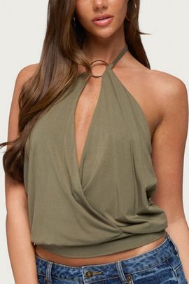 Edikted Edikted Metta Ring Cutout Halter Top in Olive, Women's at Urban Outfitters