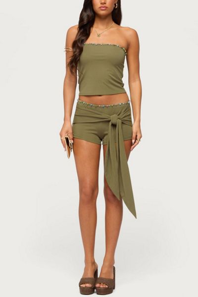 Edikted Edikted Monroah Bead Low Rise Shorts in Olive, Women's at Urban Outfitters