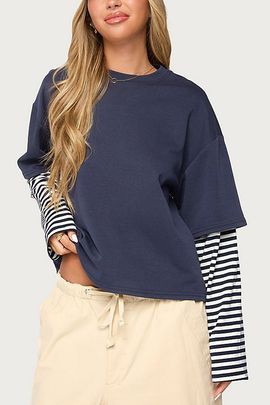Edikted Edikted Nacie Layered Stripey Long Sleeve T Shirt in Navy, Women's at Urban Outfitters