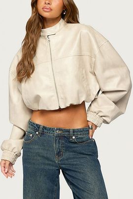 Edikted Edikted Naeva Cropped Faux Leather Jacket in Tan, Women's at Urban Outfitters