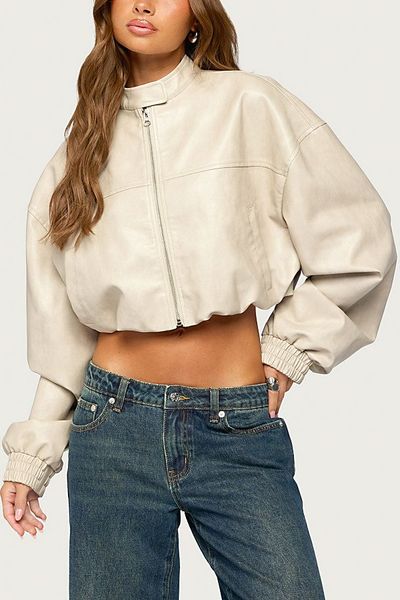 Edikted Edikted Naeva Cropped Faux Leather Jacket in Tan, Women's at Urban Outfitters