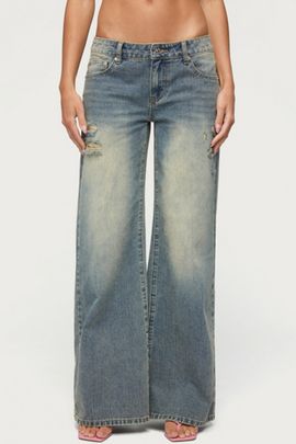Edikted Edikted Noor Distressed Low Rise Baggy Jeans in Blue/Vintage/Washed, Women's at Urban Outfitters